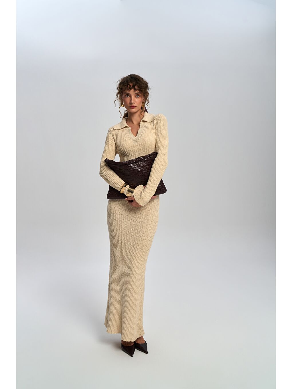 Eloria Polo Yaka Bej Triko Elbise