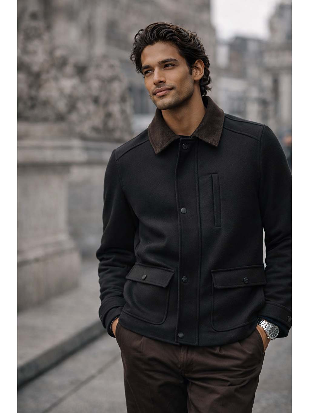 Antrasit Kadife Polo Yaka Düz Yırtmaçsız Tam Astar Slim Fit Casual Mont-4