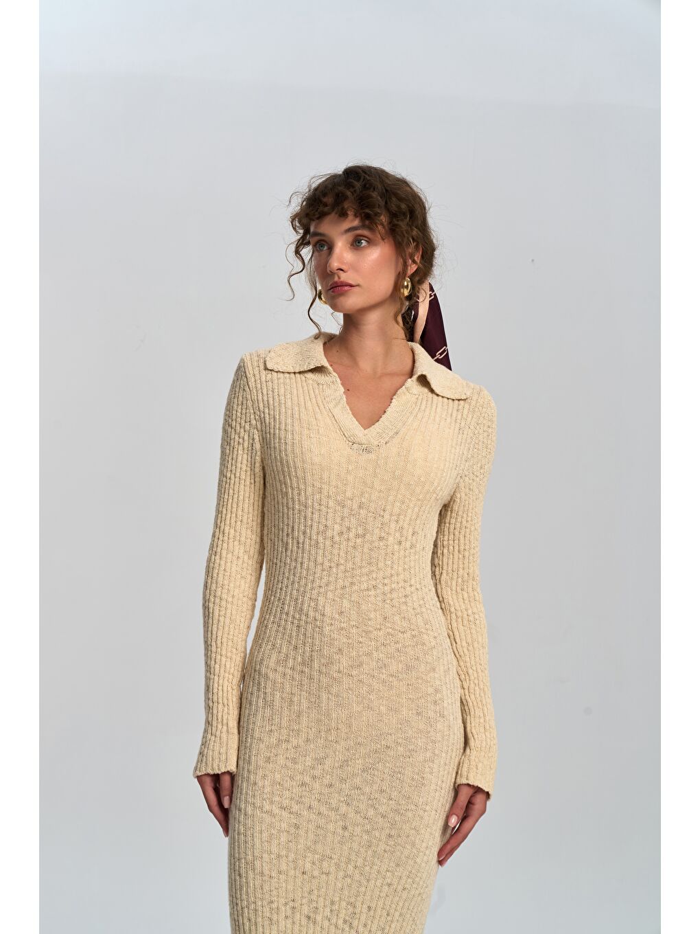 Eloria Polo Yaka Bej Triko Elbise-1