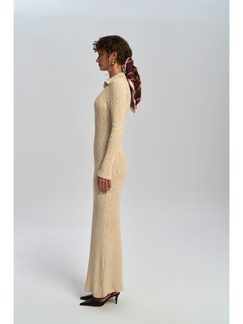 Eloria Polo Yaka Bej Triko Elbise-2