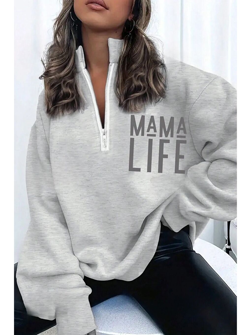 Trendseninle Gri Kadın Grimenaj Mama Life Baskılı Oversize Yarım Fermuarlı Sweatshirt