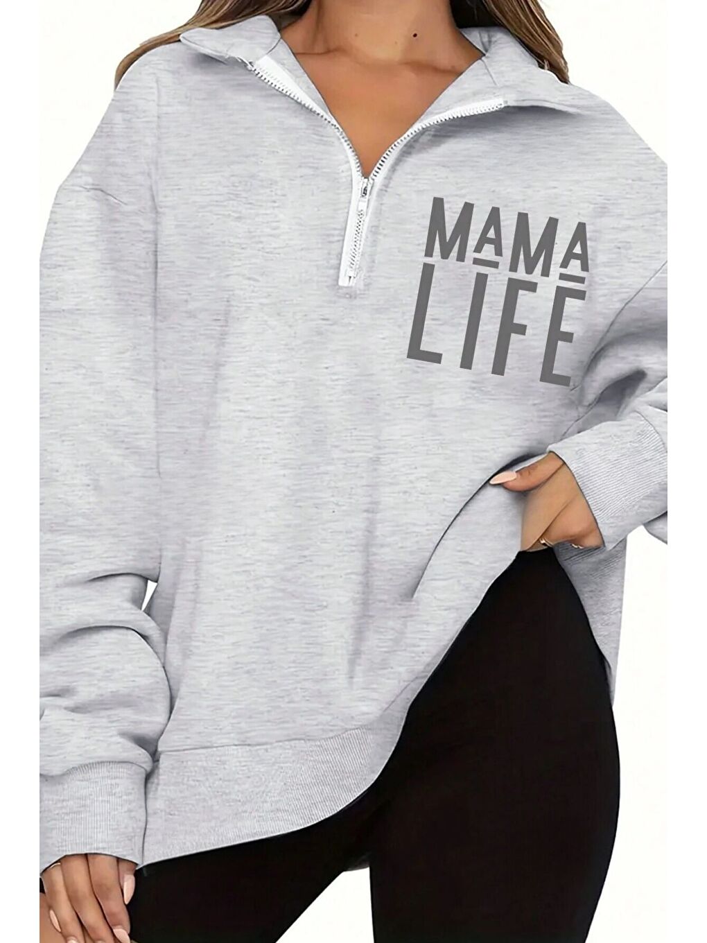 Trendseninle Gri Kadın Grimenaj Mama Life Baskılı Oversize Yarım Fermuarlı Sweatshirt - 2