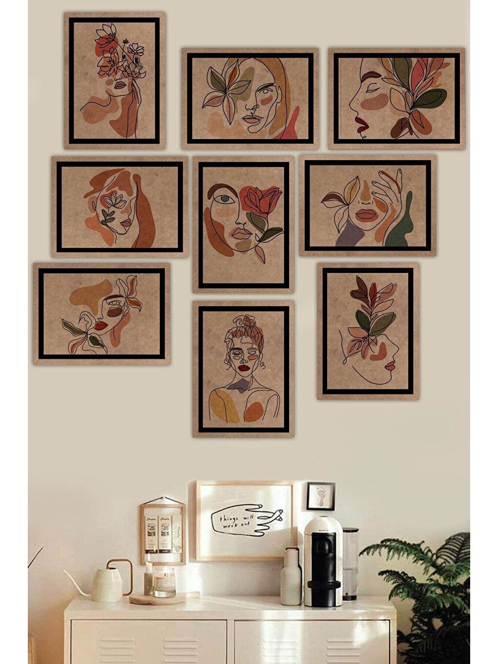 Beyaz 9 Parça Çerçeve Görünümlü Ham Mdf Tablo Seti - ART9XPML3-1317