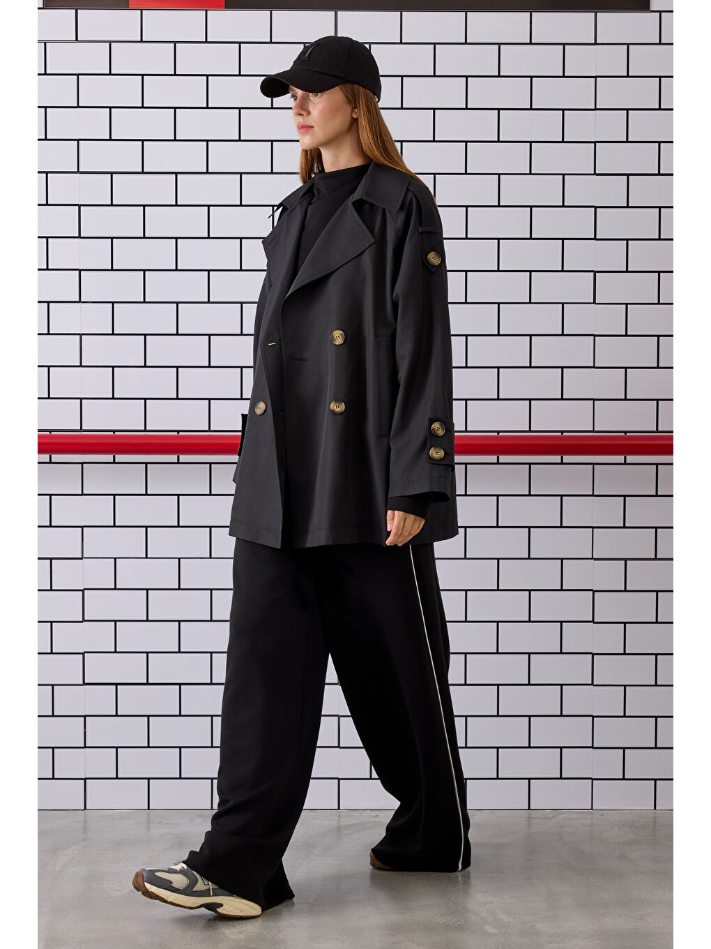 Kruvaze Kesim Trençkot Siyah-2