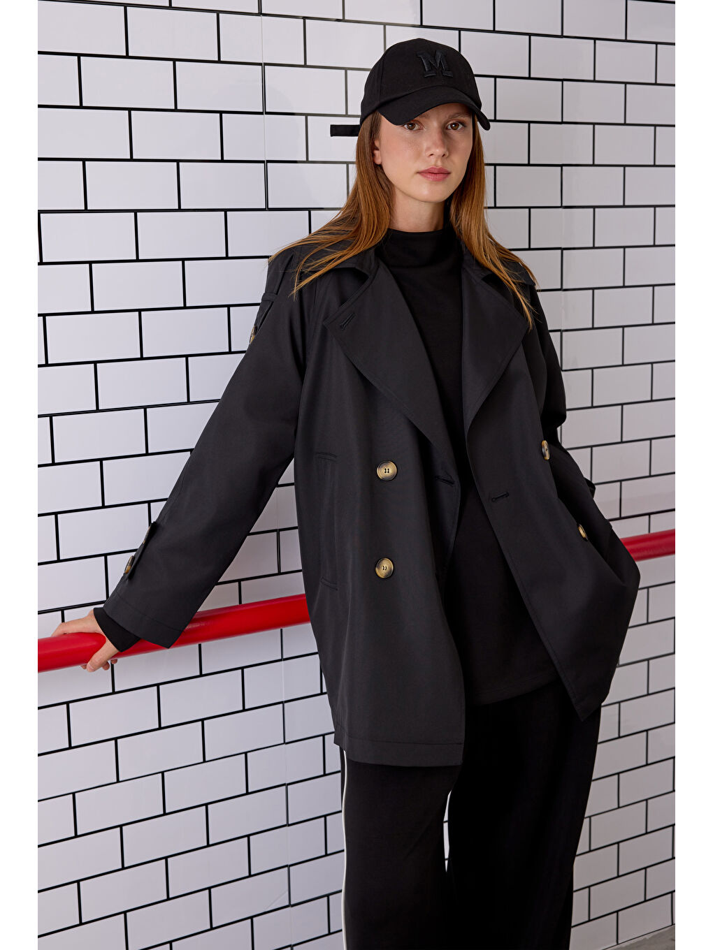 Kruvaze Kesim Trençkot Siyah-3