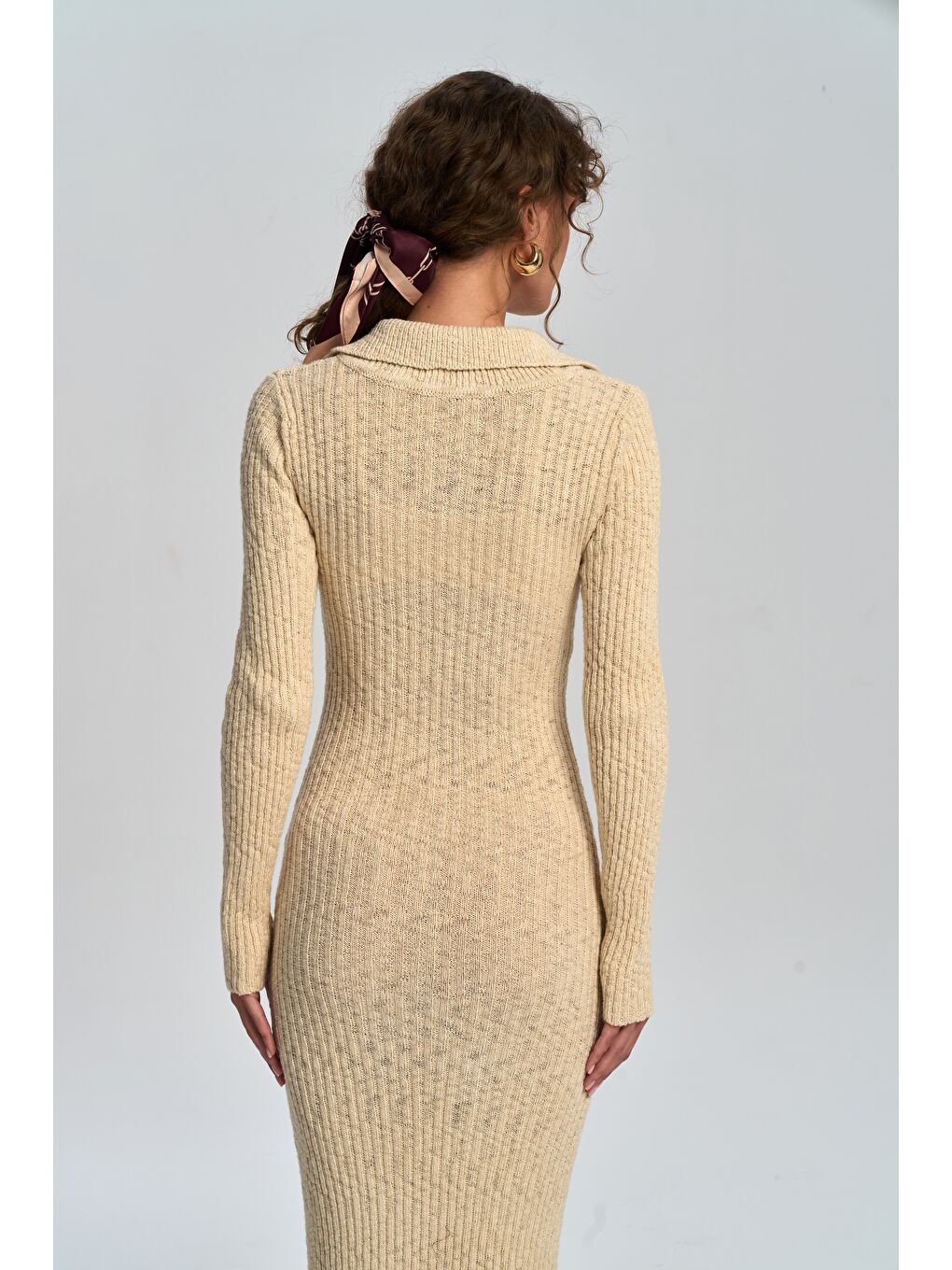 Eloria Polo Yaka Bej Triko Elbise-4
