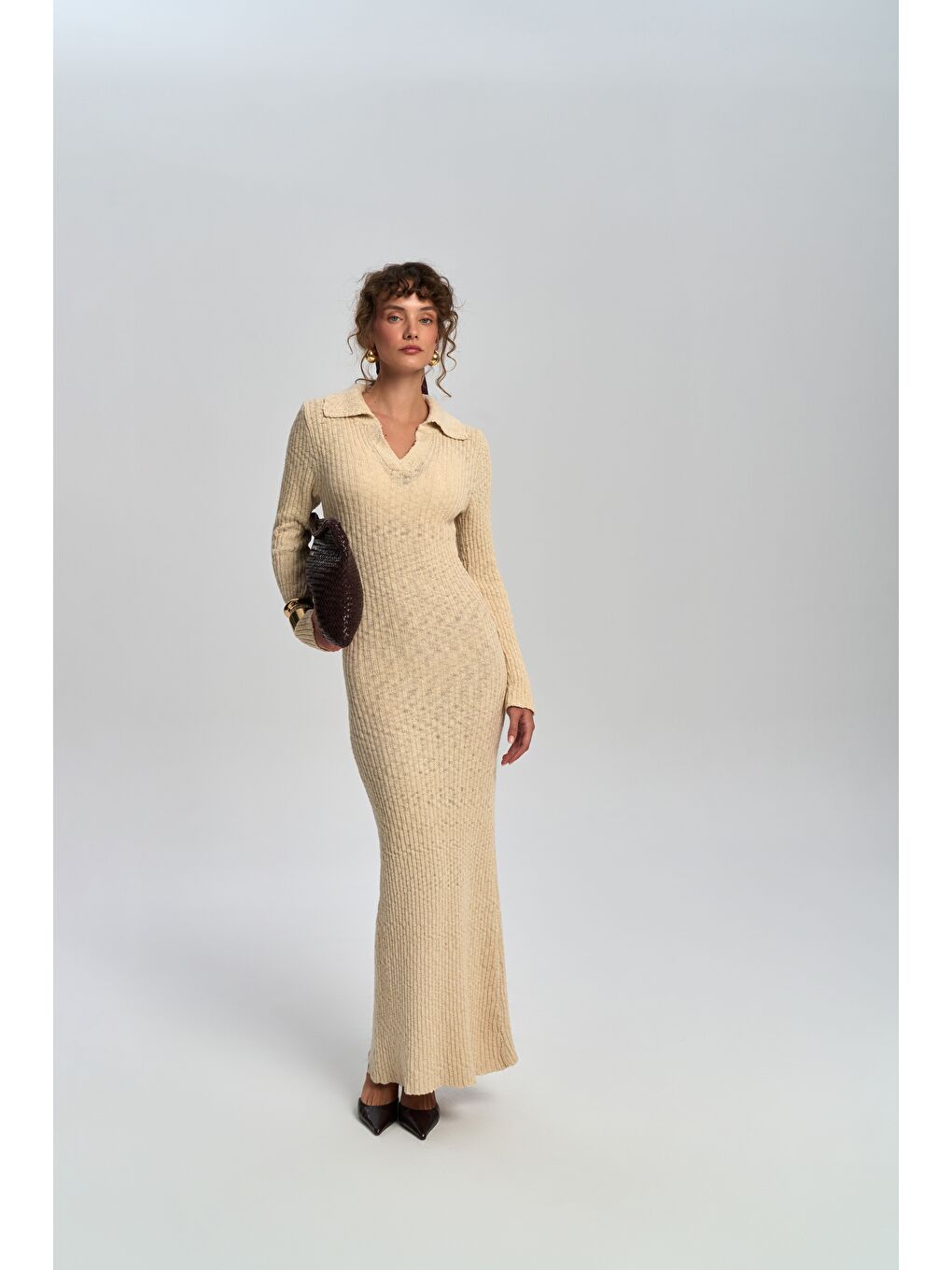 Eloria Polo Yaka Bej Triko Elbise-5