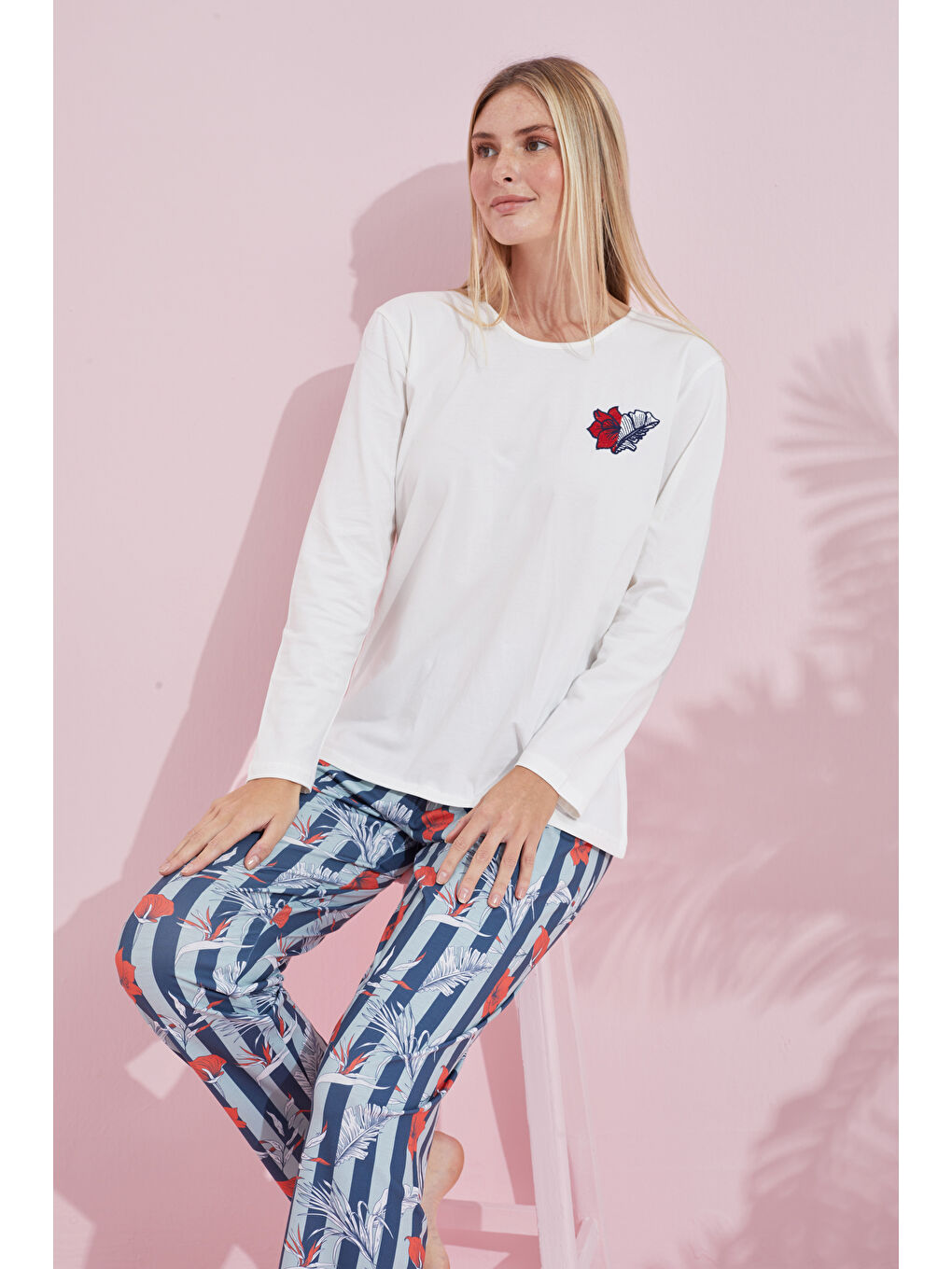 Ekru Çokrenkli Pamuklu Örme Pijama Takım 24240181