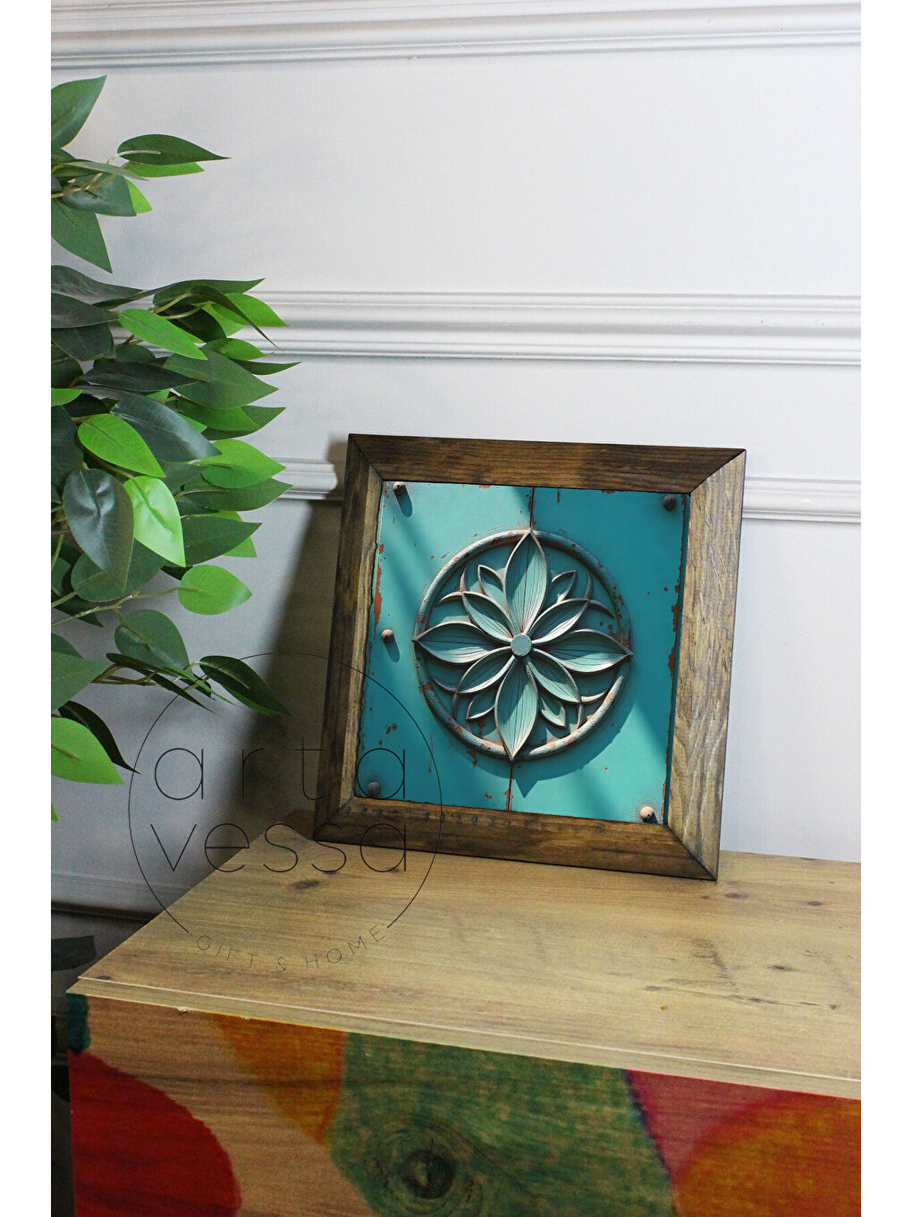 Beyaz Masif Ahşap Çerçeveli Taş Tablo Pano 16 x 16 cm - Yaşam Çiçeği 1 - 26 x 26