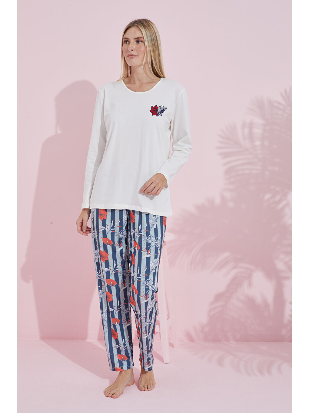 Ekru Çokrenkli Pamuklu Örme Pijama Takım 24240181-1