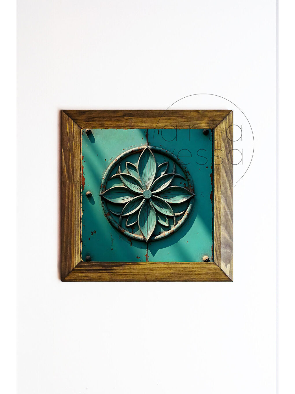 Beyaz Masif Ahşap Çerçeveli Taş Tablo Pano 16 x 16 cm - Yaşam Çiçeği 1 - 26 x 26-1