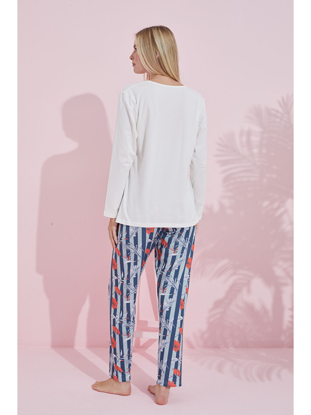 Ekru Çokrenkli Pamuklu Örme Pijama Takım 24240181-2