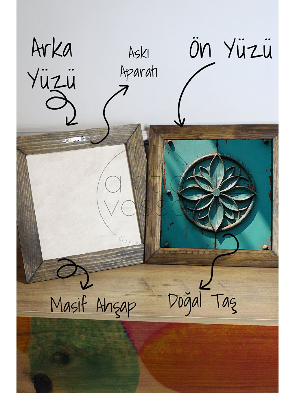 Beyaz Masif Ahşap Çerçeveli Taş Tablo Pano 16 x 16 cm - Yaşam Çiçeği 1 - 26 x 26-2