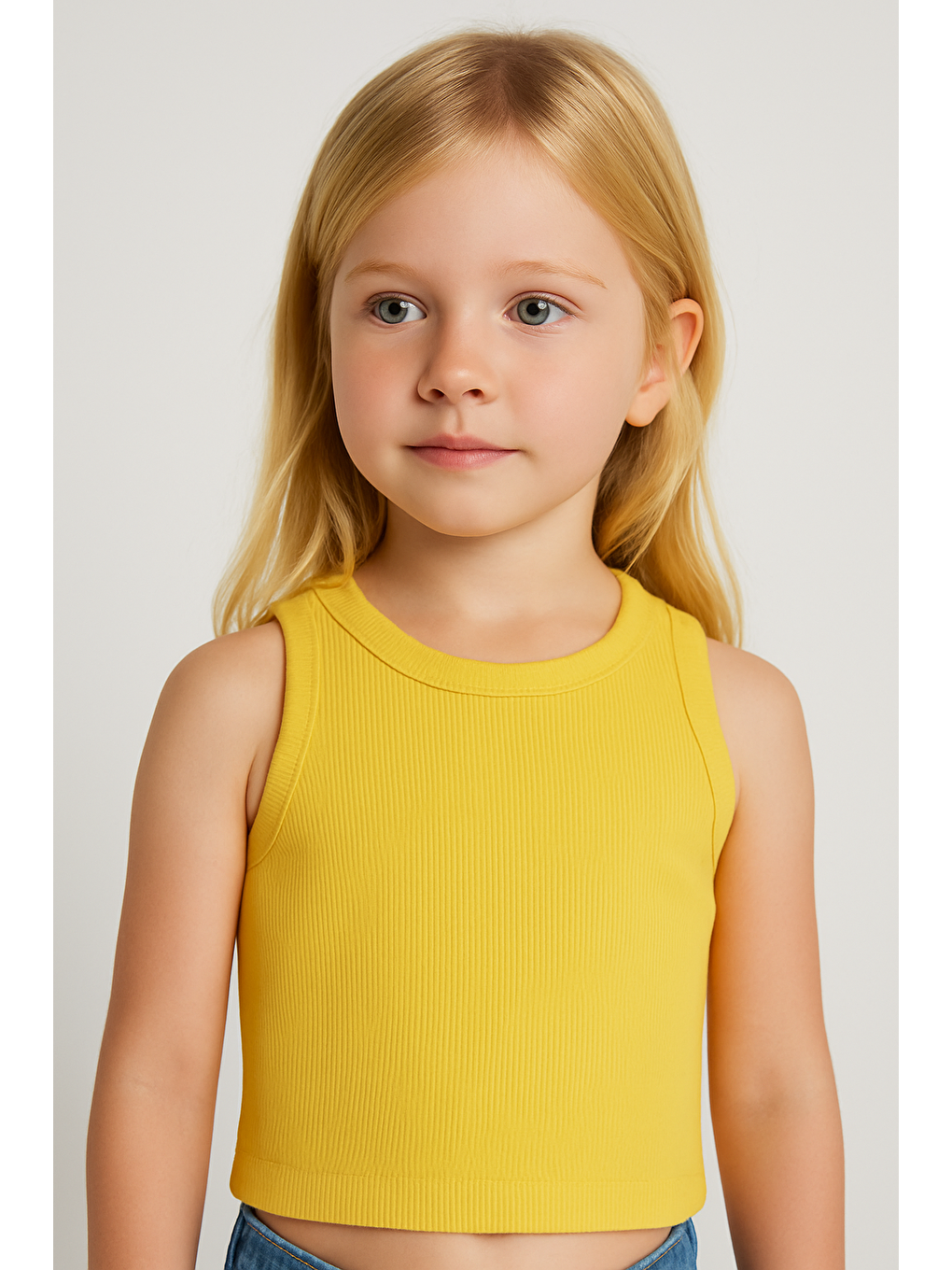 Sarı Kız Çocuk Pamuklu  Ribana Kolsuz Crop T-Shirt