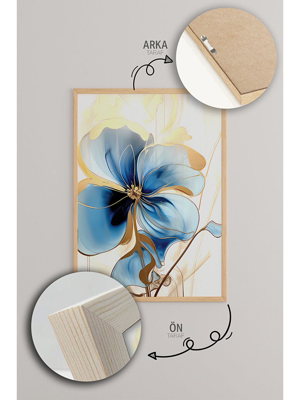 Beyaz 3 Parça Ham Renk Gerçek Ahşap Çerçeveli Tablo Seti - Model 1 - 50 x 70-4