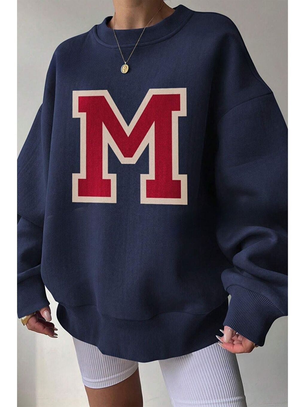 Trendseninle Lacivert Kadın Navy Blue M Logo Baskılı Oversize Bisiklet Yaka Sweatshirt - 2