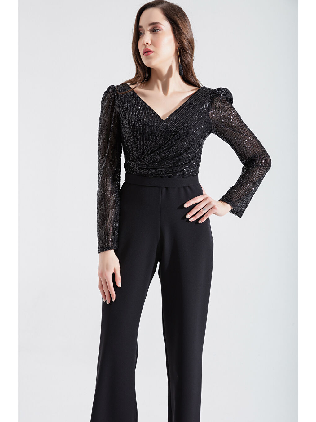 Kadın Siyah Pul Payetli Abiye Tulum-1