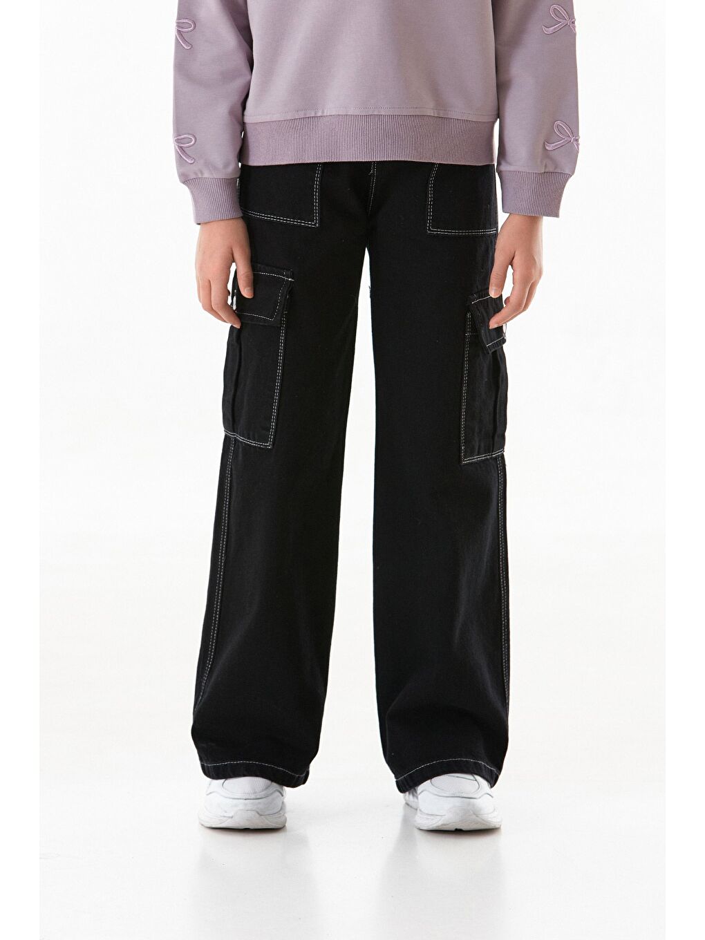 Siyah Kontrast Dikişli Kargo Cepli Kız Çocuk Pantolon