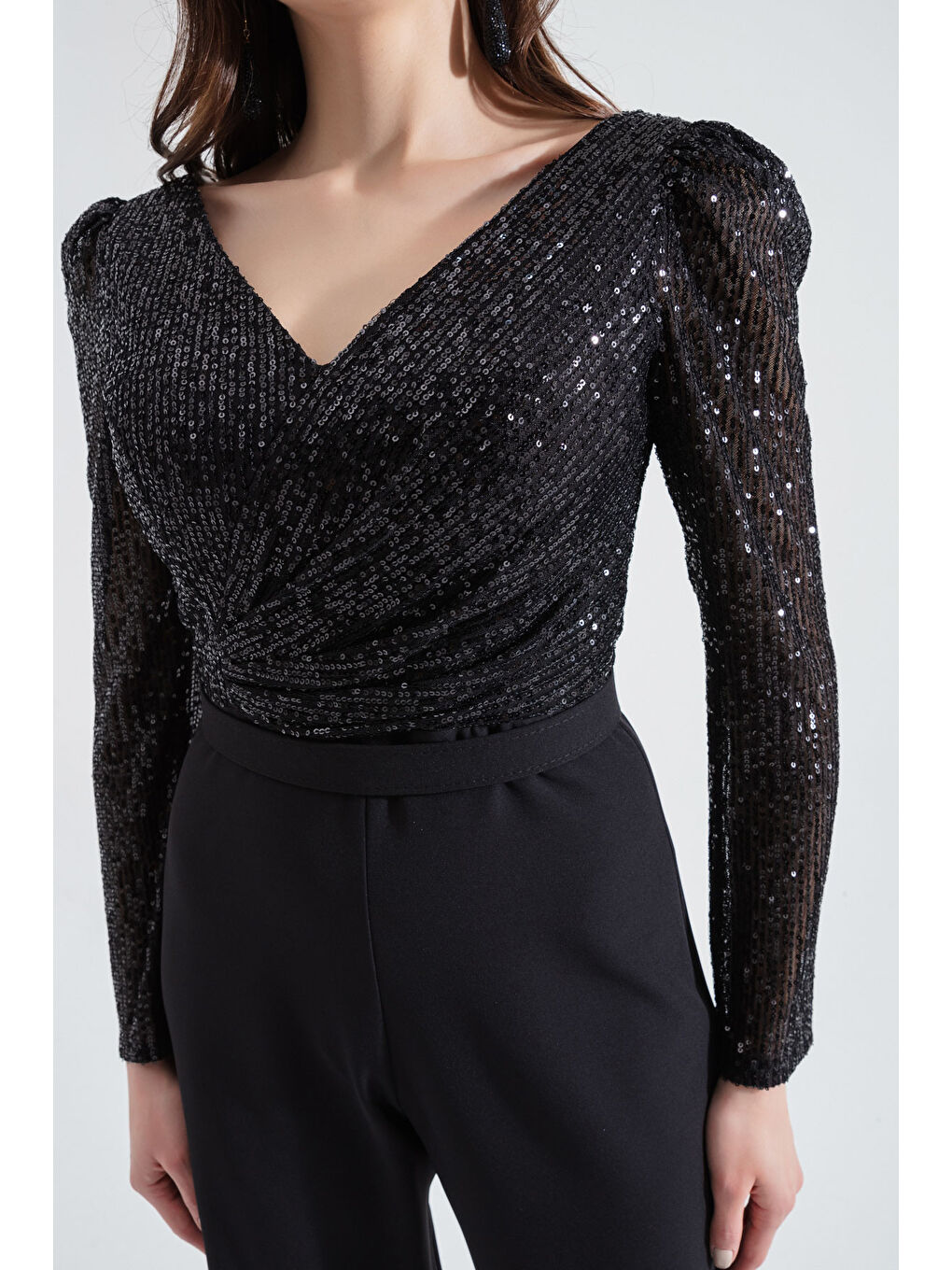 Kadın Siyah Pul Payetli Abiye Tulum-3