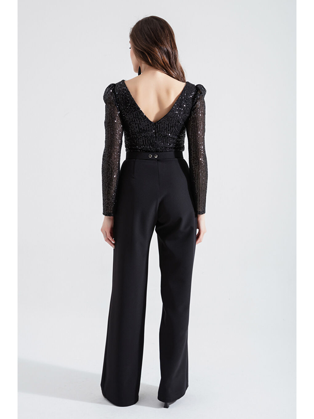 Kadın Siyah Pul Payetli Abiye Tulum-4