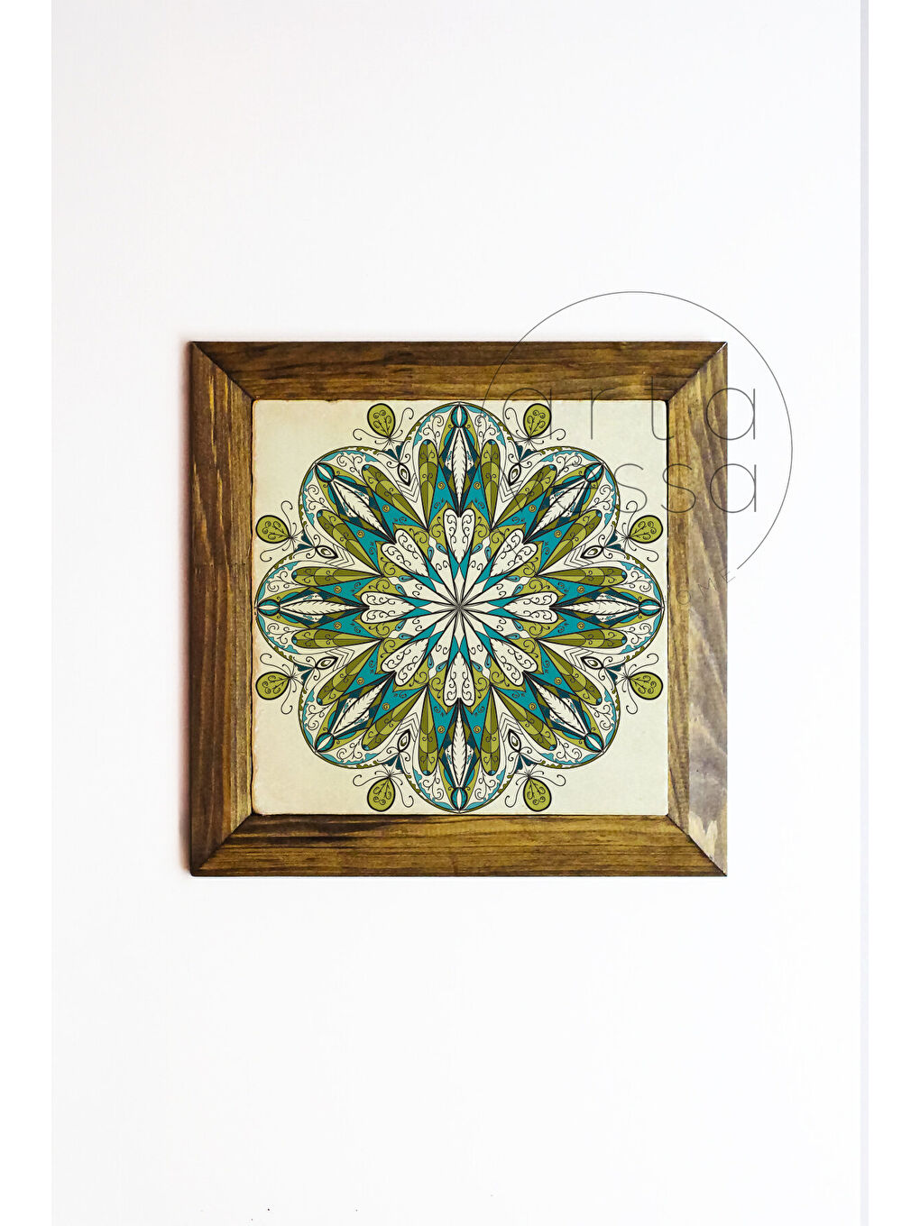 Beyaz Masif Ahşap Çerçeveli Taş Tablo Pano 26 x 26 cm - Mandala 5 - 16 x 16-1