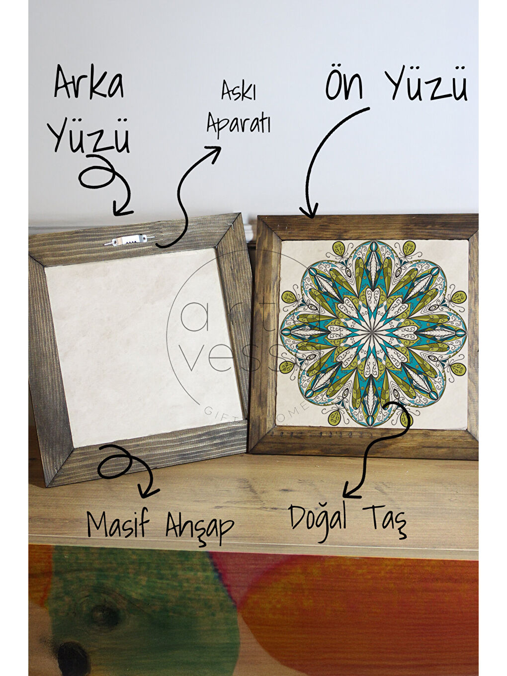 Beyaz Masif Ahşap Çerçeveli Taş Tablo Pano 26 x 26 cm - Mandala 5 - 16 x 16-2