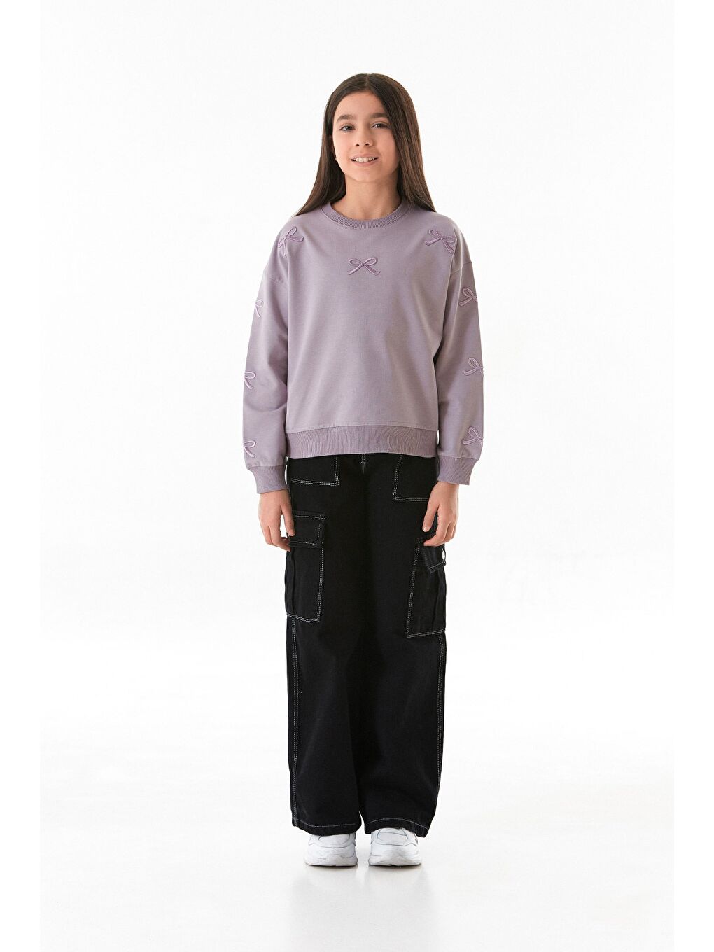 Siyah Kontrast Dikişli Kargo Cepli Kız Çocuk Pantolon-4