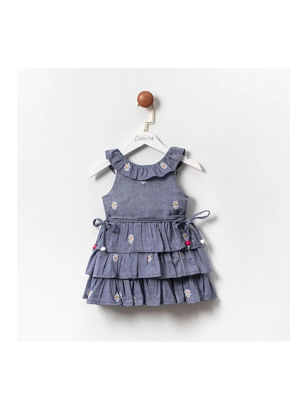 Karışık Kız Çocuk Pamuklu Mavi Papatya Nakışlı Kat Kat Elbise - Fırfır Yaka Detaylı-2