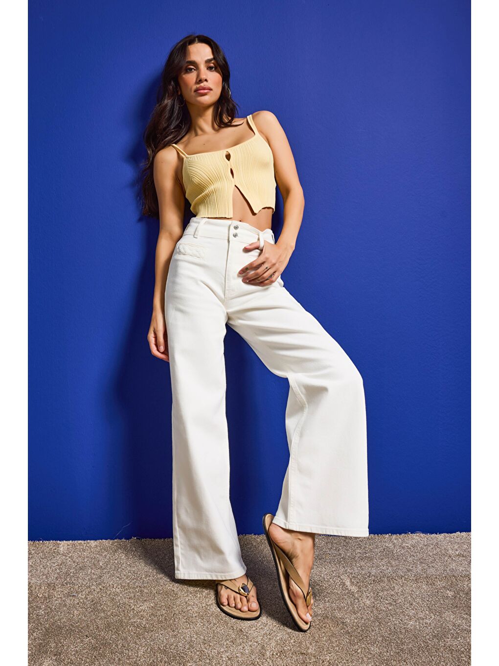 Kadın Kırık Beyaz 7s6-101 Wide Leg Yüksek Bel Elastan Kumaş Denim Jean