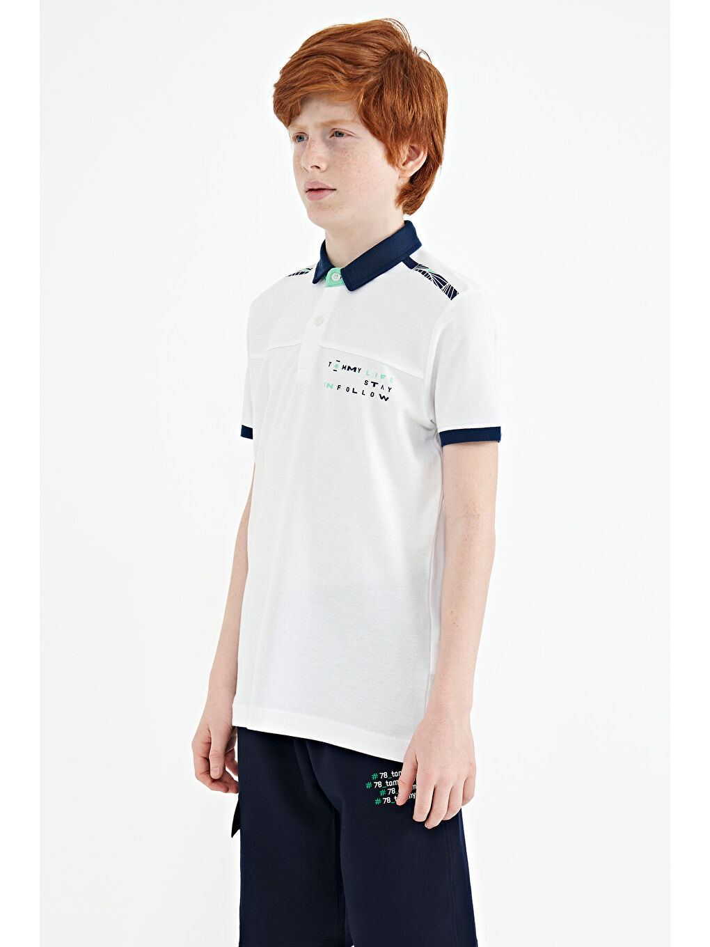 Beyaz Baskı Detaylı Standart Kalıp Polo Yaka Erkek Çocuk Tişört - 11140-3