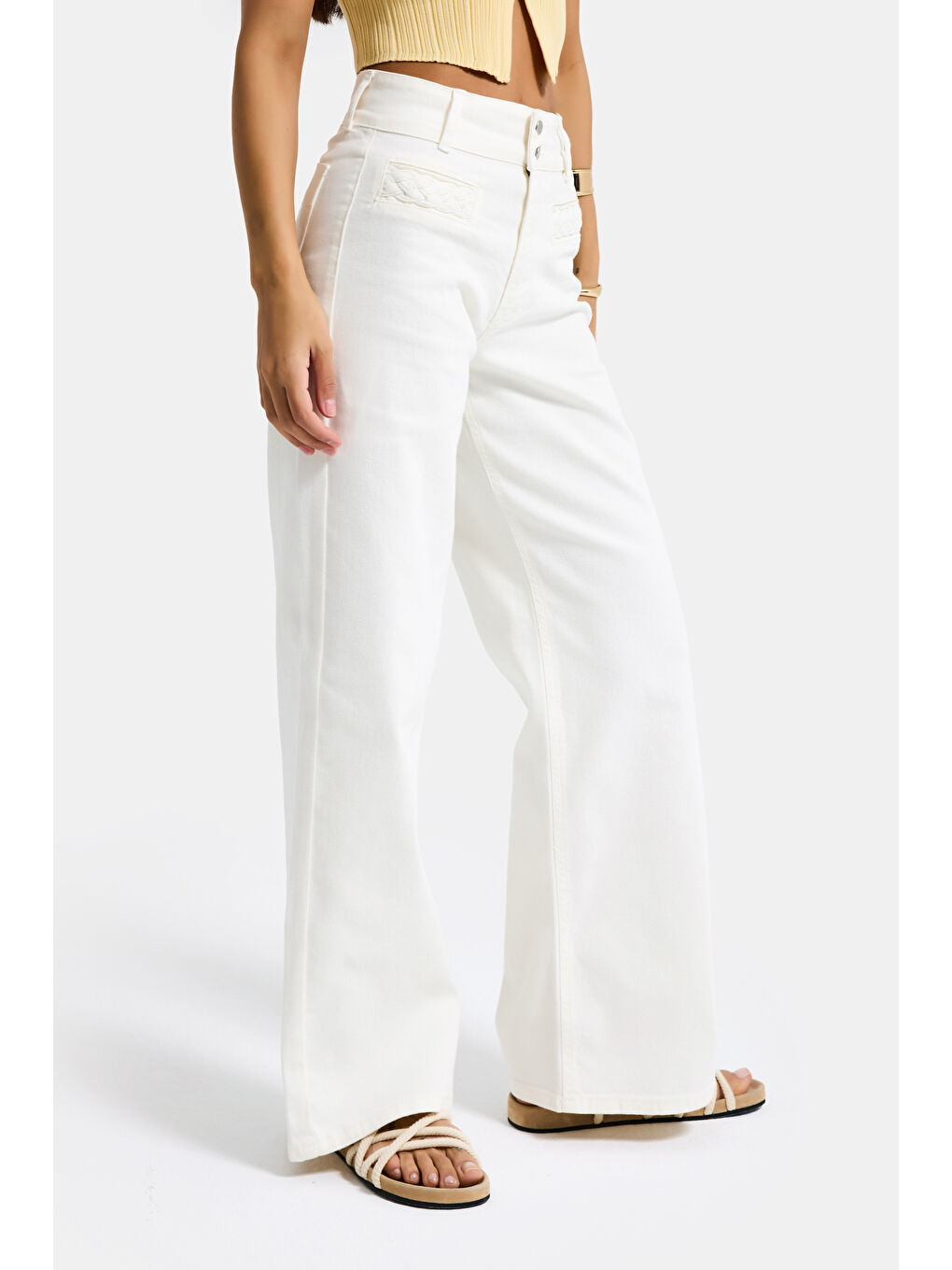 Kadın Kırık Beyaz 7s6-101 Wide Leg Yüksek Bel Elastan Kumaş Denim Jean-2