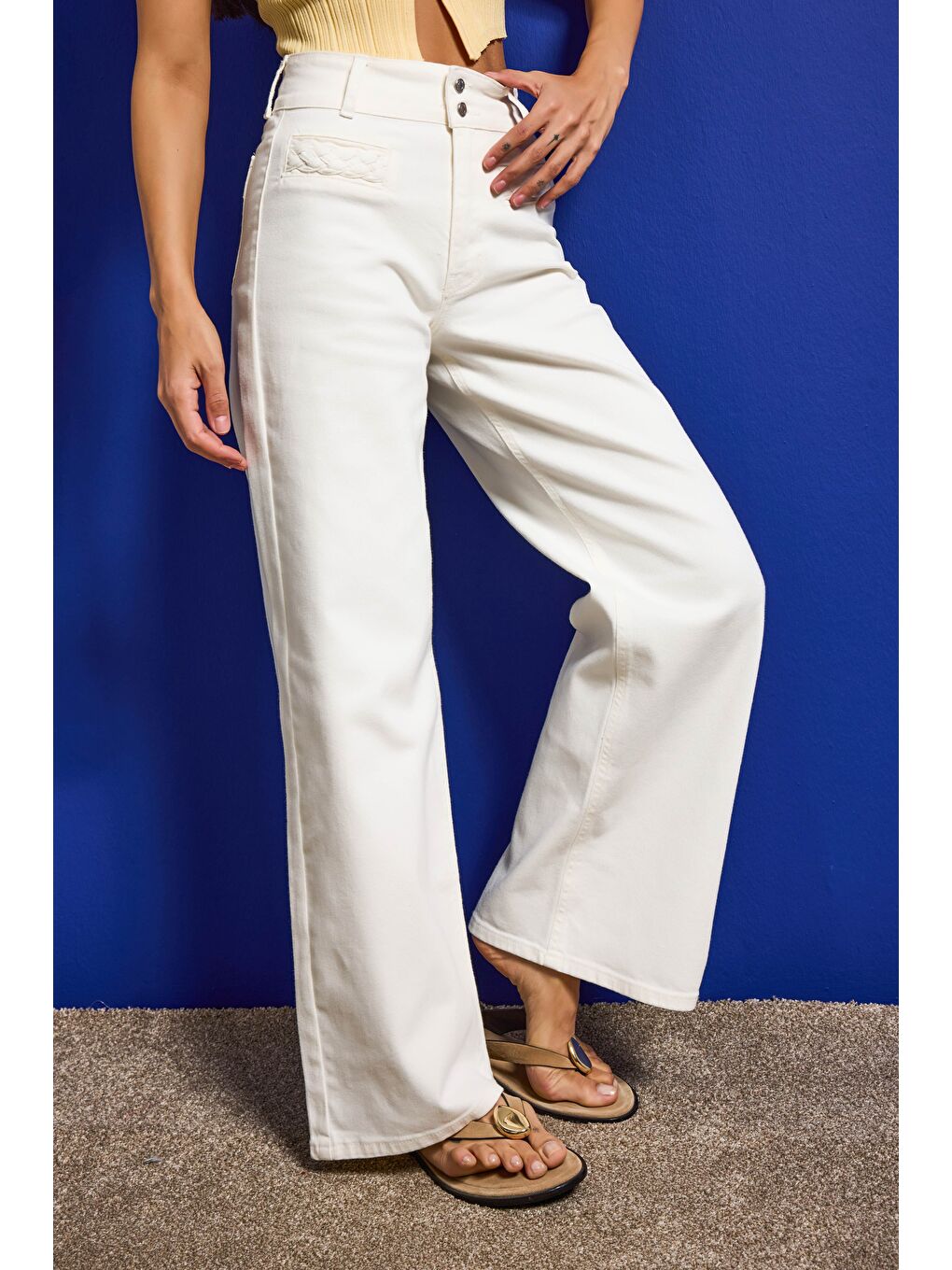 Kadın Kırık Beyaz 7s6-101 Wide Leg Yüksek Bel Elastan Kumaş Denim Jean-4