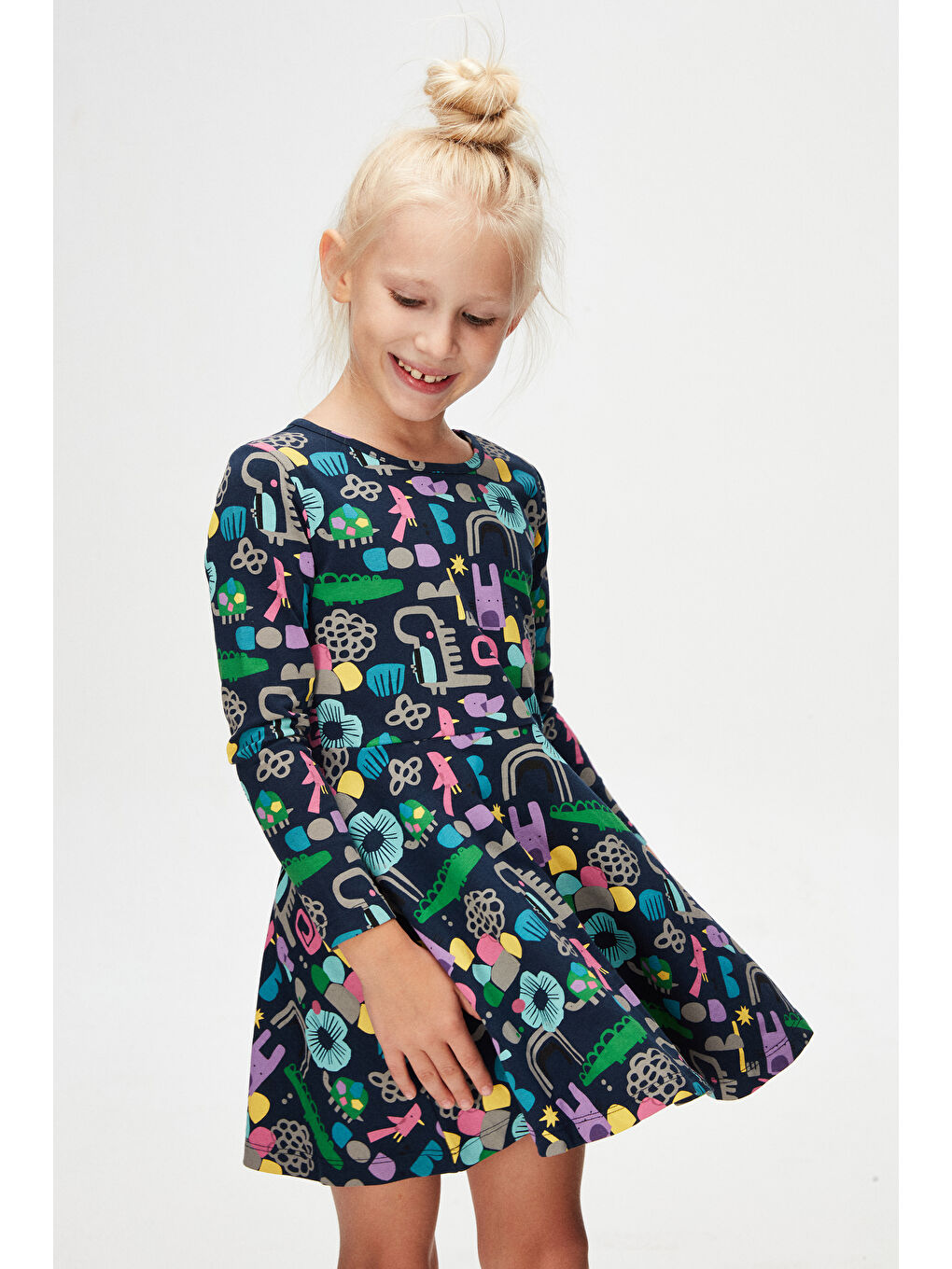 Karışık Kız Çocuk Cutouts Anima Desen Uzun Kol Elbise-1