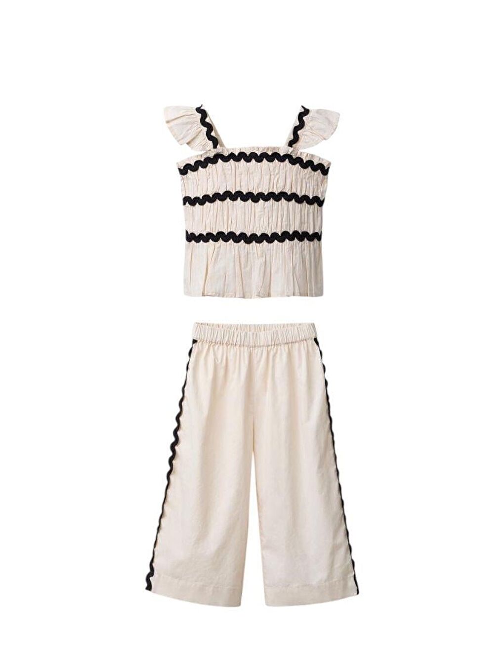 Karışık Kız Çocuk Keten Krem Fırfırlı Bluz Ve Geniş Paça Pantolon Takım-1