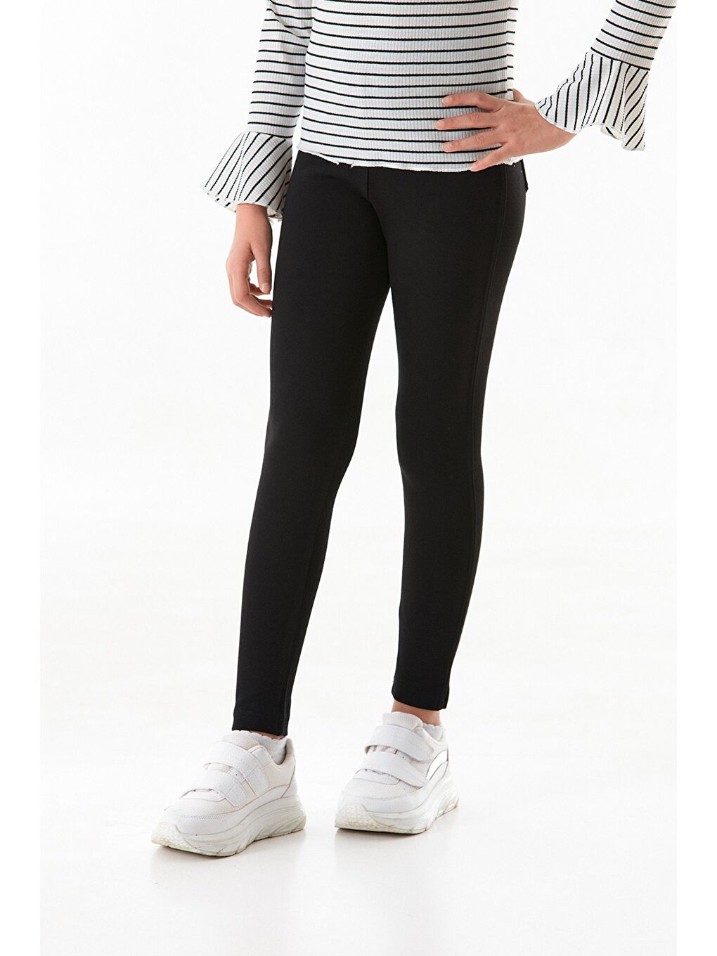 Siyah Yüksek Bel Cepli Çelik Örme Kız Çocuk Tayt-1