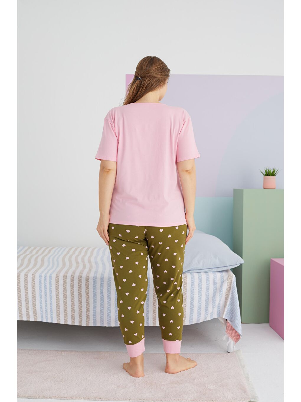 SİYAH İNCİ Açık Pembe Pembe  Curve Büyük Beden Battal Boy Pamuklu Örme Pijama Takımı - 1