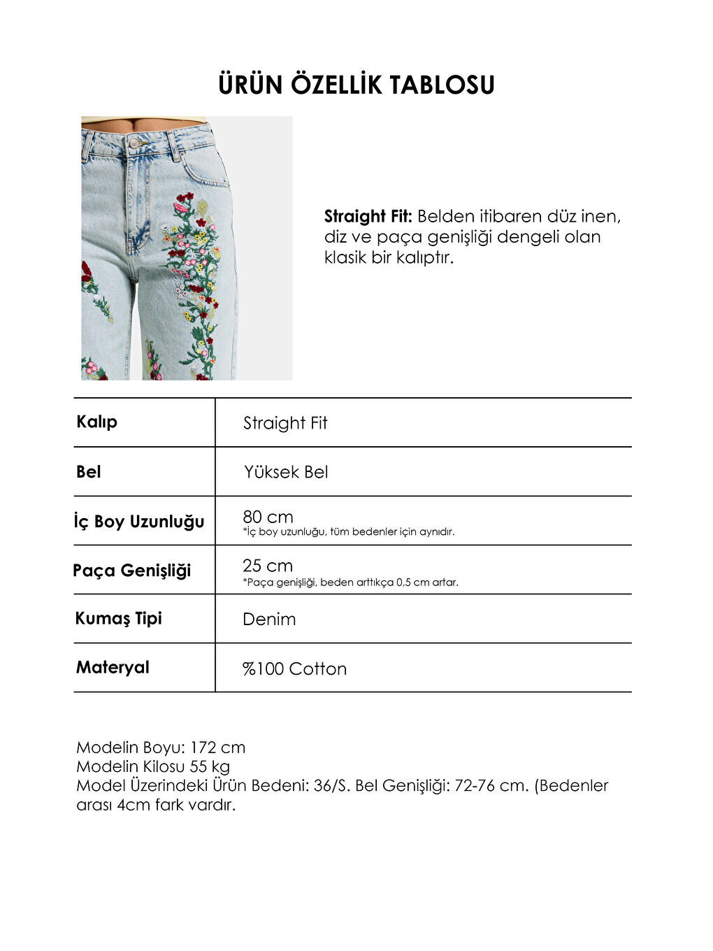 Mavi Kadın Jean Rengi 3s6-75 Straight Fit Çiçek Nakışlı Özel Tasarım Denim Jean-3