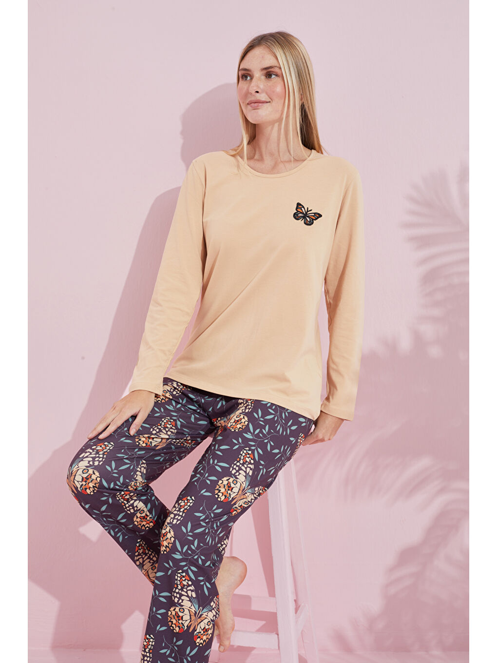 Bej Ten Çokrenkli Pamuklu Örme Pijama Takım 24240180