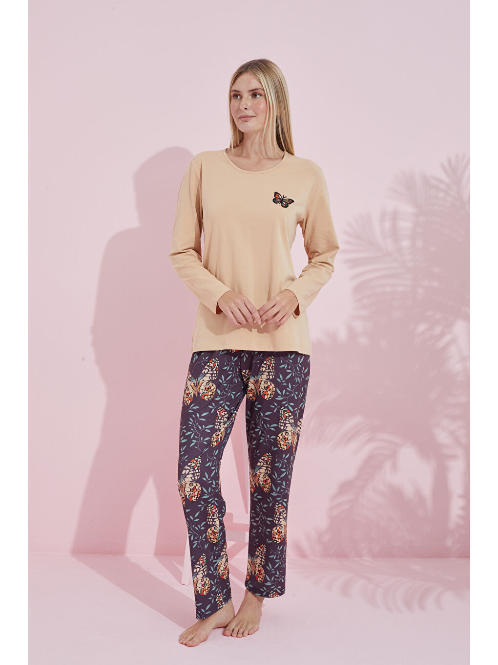 Bej Ten Çokrenkli Pamuklu Örme Pijama Takım 24240180-1