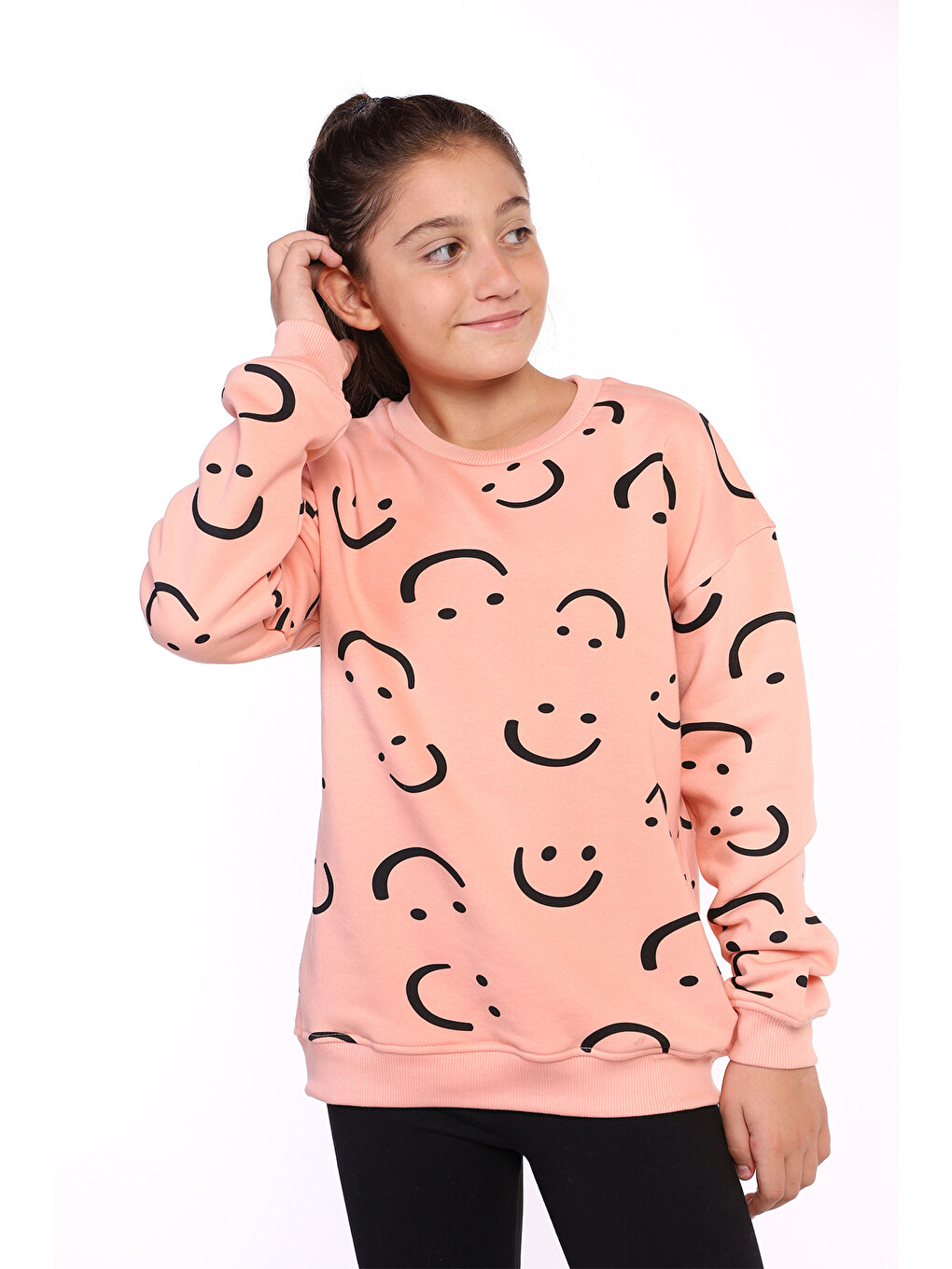 Pembe Kız Çocuk Komple Gülen İfade Baskılı Sweatshirt