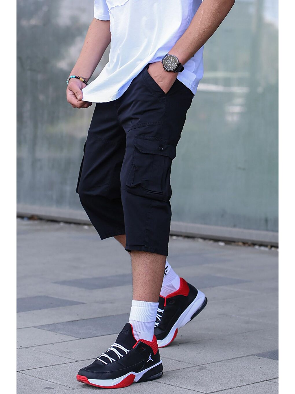 Siyah Gabardin Kargo Cep Erkek Kapri Şort 5754-5