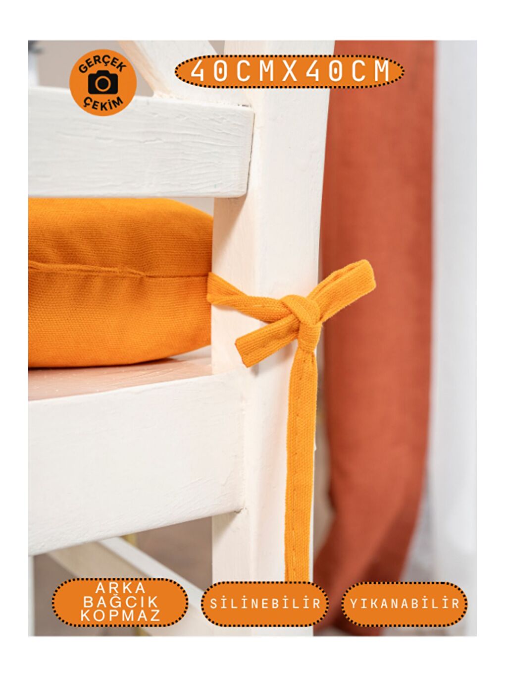 4’lü Pastello Sandalye Minderi – Turuncu – Bağcıklı, Slikon Dolgulu, Yıkanabilir – 40x40-2