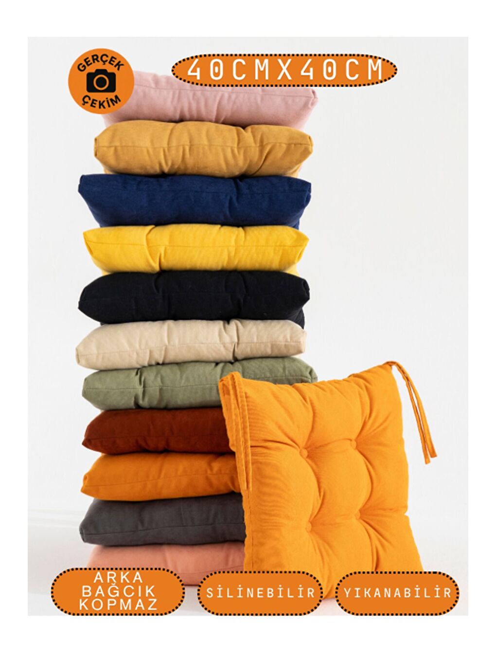 4’lü Pastello Sandalye Minderi – Turuncu – Bağcıklı, Slikon Dolgulu, Yıkanabilir – 40x40-6