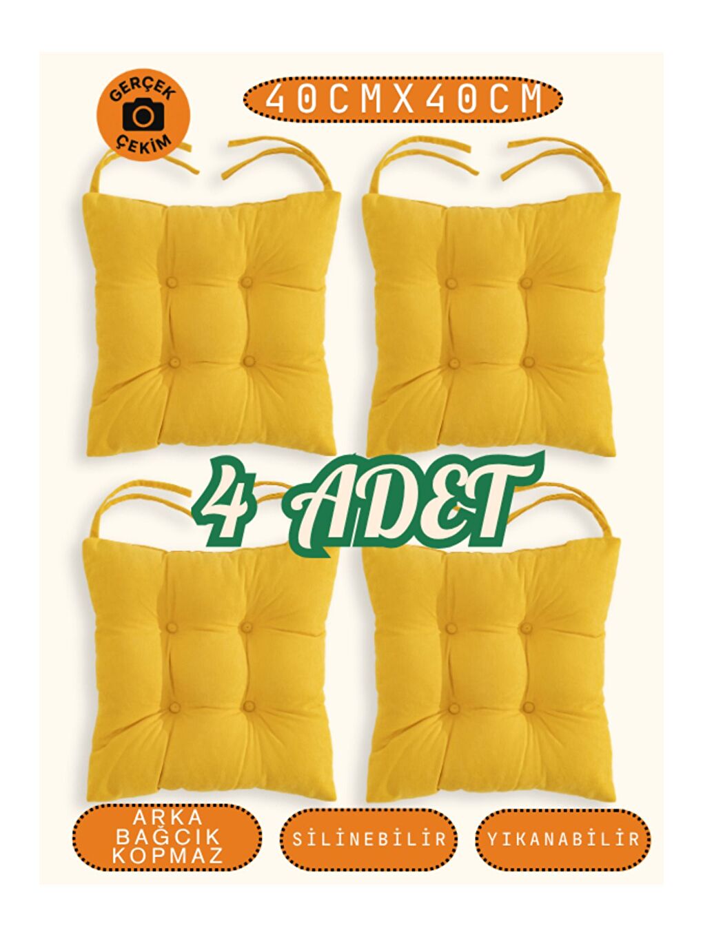 4’lü Pastello Sandalye Minderi – Sarı – Bağcıklı, Slikon Dolgulu, Yıkanabilir – 40x40