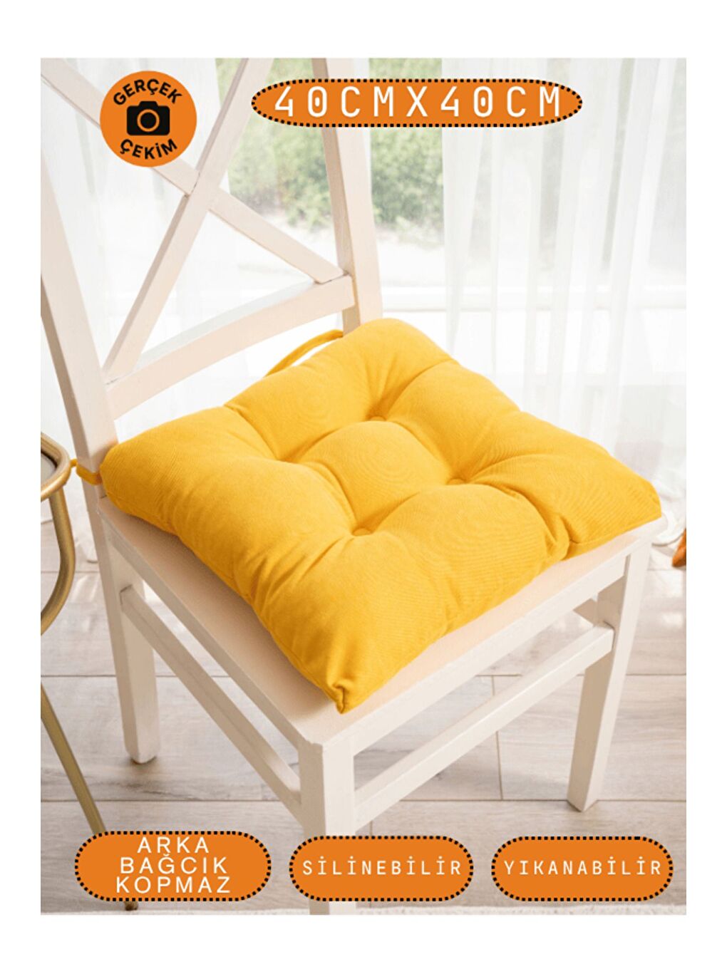 4’lü Pastello Sandalye Minderi – Sarı – Bağcıklı, Slikon Dolgulu, Yıkanabilir – 40x40-3