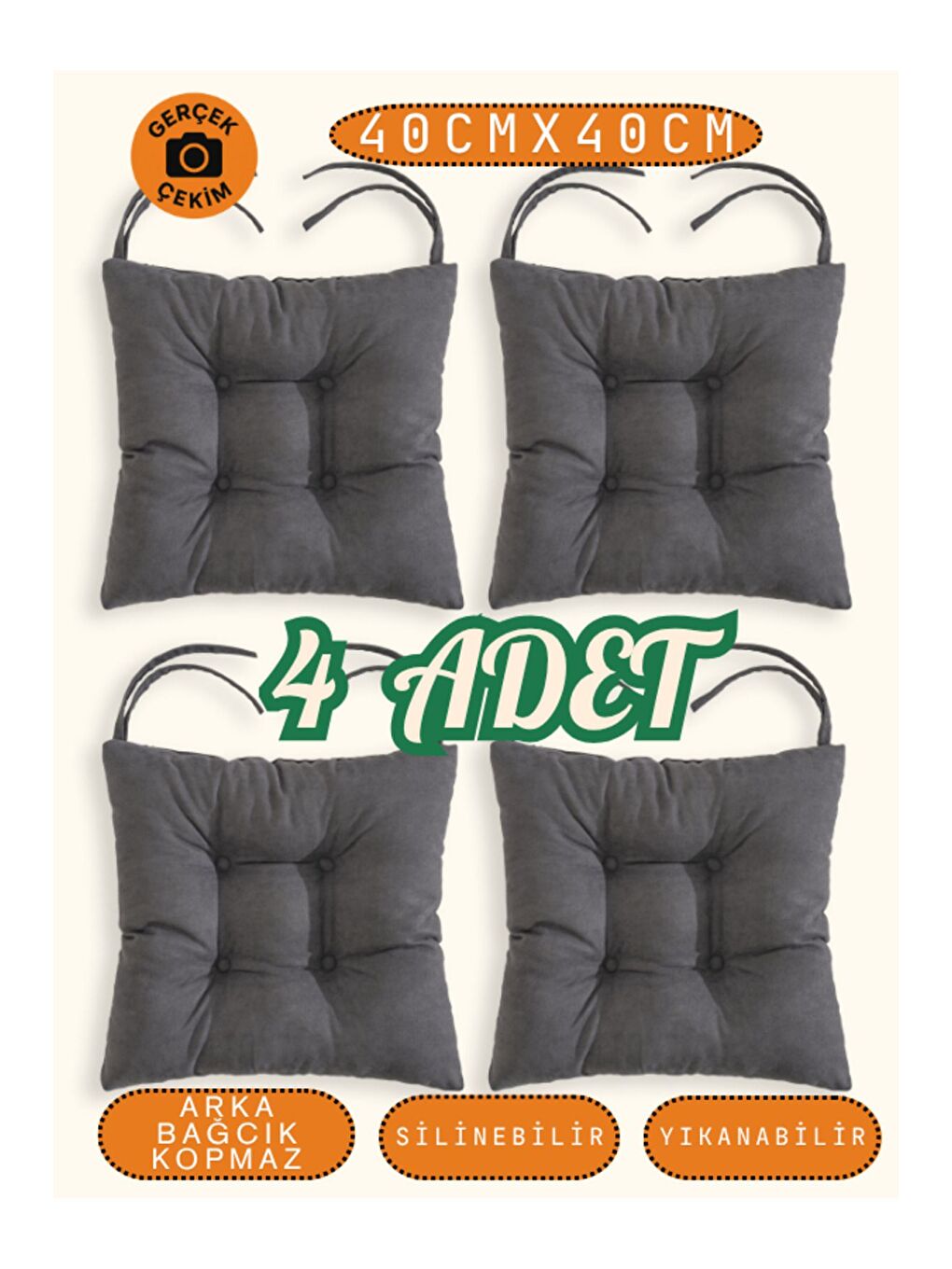 4’lü Pastello Sandalye Minderi – Gri– Bağcıklı, Slikon Dolgulu, Yıkanabilir – 40x40