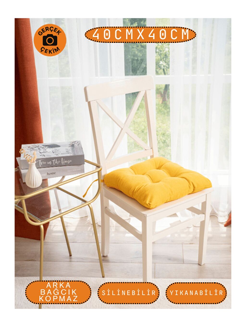 4’lü Pastello Sandalye Minderi – Sarı – Bağcıklı, Slikon Dolgulu, Yıkanabilir – 40x40-4