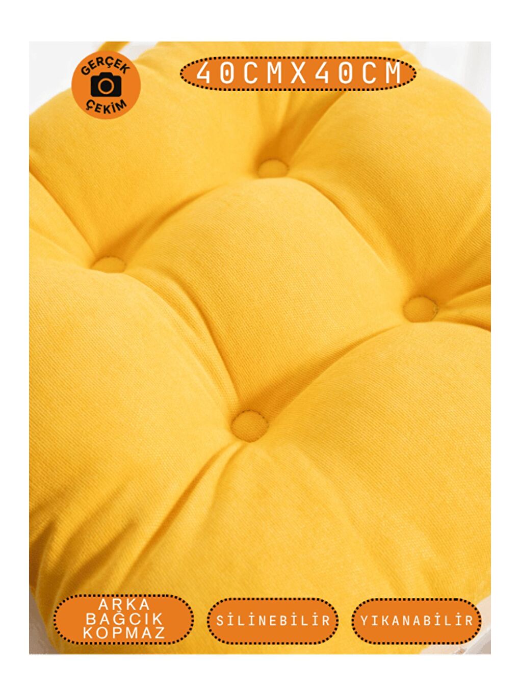 4’lü Pastello Sandalye Minderi – Sarı – Bağcıklı, Slikon Dolgulu, Yıkanabilir – 40x40-6