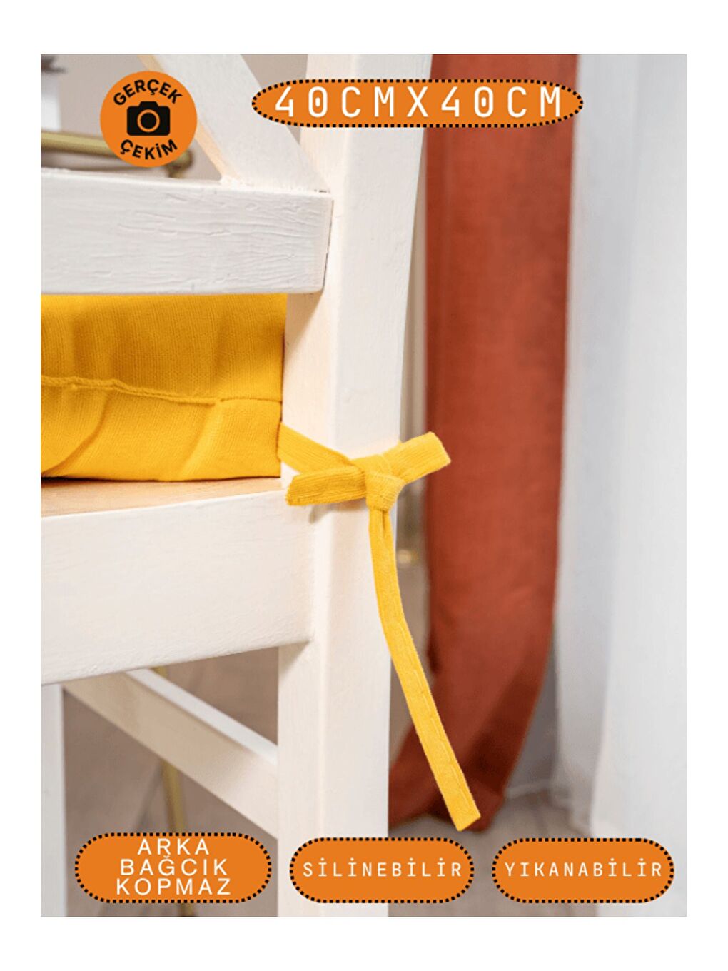 4’lü Pastello Sandalye Minderi – Sarı – Bağcıklı, Slikon Dolgulu, Yıkanabilir – 40x40-7