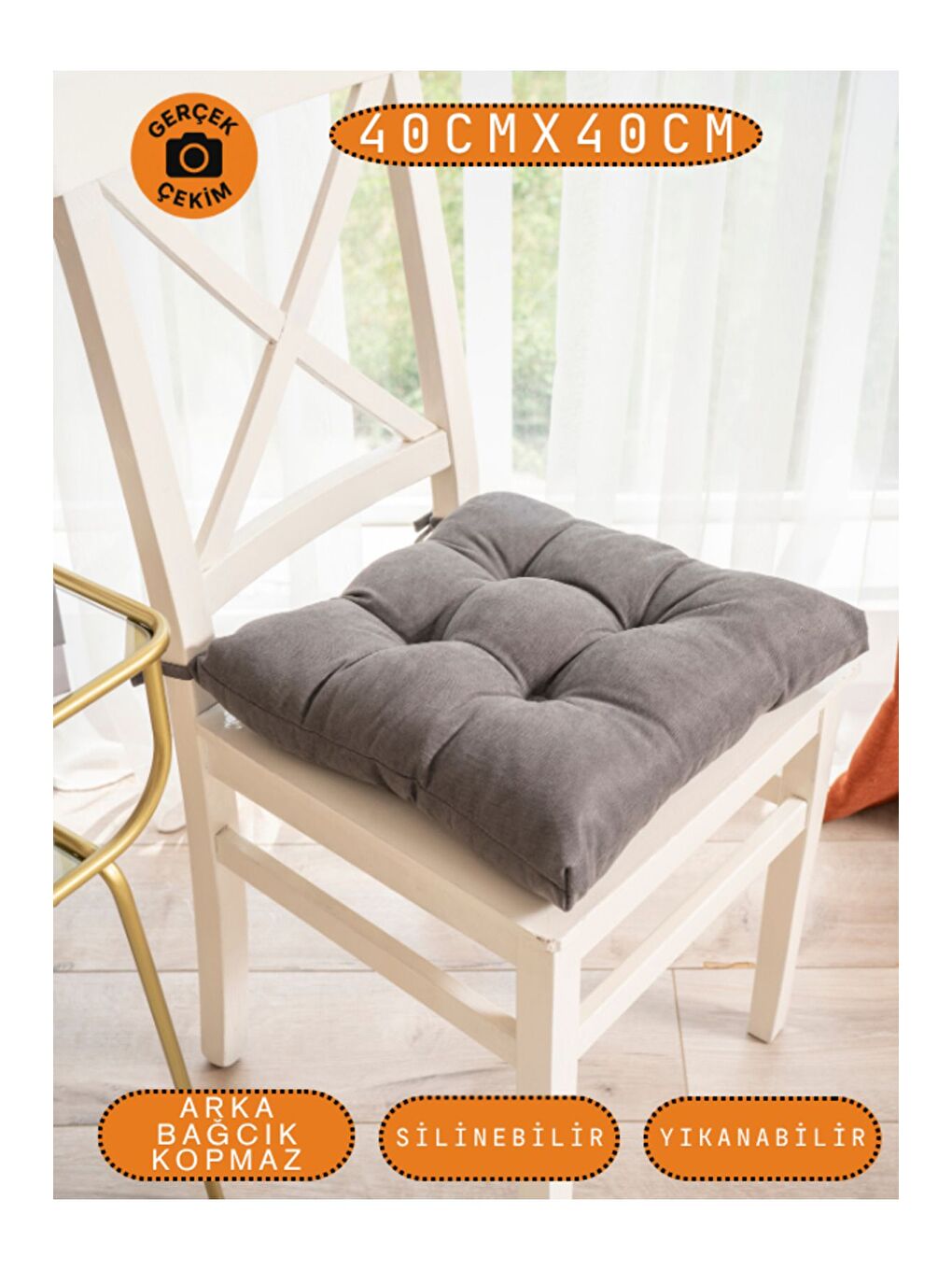 4’lü Pastello Sandalye Minderi – Gri– Bağcıklı, Slikon Dolgulu, Yıkanabilir – 40x40-3